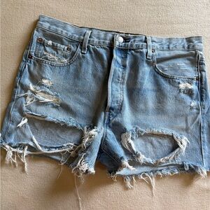 Blue Distressed Levi 501 Jean Shorts with Frayed Hem